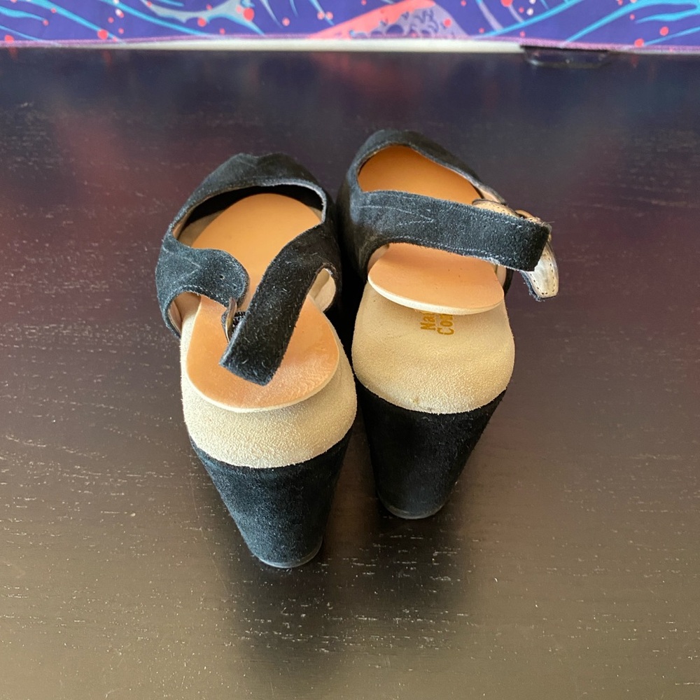 Bloomingdale's Black Suede Peep-Toe Wedge Sandals - Picture 4 of 7